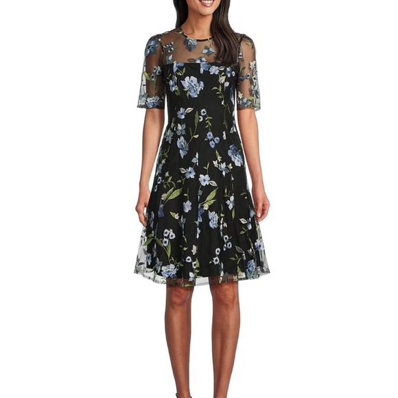 Jessica Howard Dresses & Skirts - Jessica Howard Crew Neck Elbow Sleeve Floral Embroidered Fit-and-Flare Dress